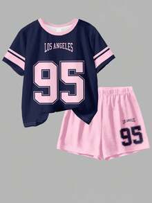 Bộ đồ 2 mảnh gồm áo thun và quần short phối màu tương phản xanh navy và hồng neon, kiểu dáng rộng rãi thoải mái, tay ngắn, cổ tròn, thích hợp cho bé gái mặc hàng ngày vào mùa xuân/hè, dạo phố, đi chơi, ở nhà, đi nghỉ mát, dự tiệc, đi học. - Nhiều màu - Xem 3