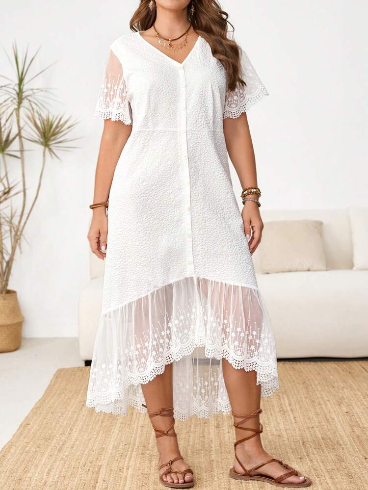 Plus Size Elegant Plus Size White Eyelet Lace Dress For Women V Neck Short Sleeve High Low Hem Casual Summer Outfit Summer Outfit For Plus Size Women Festival Outfits For Plus Size Women Beach Outfits For Plus Size Women Vacation Outfits Plus Size  Women Country Concert Outfit  Boho Outfit