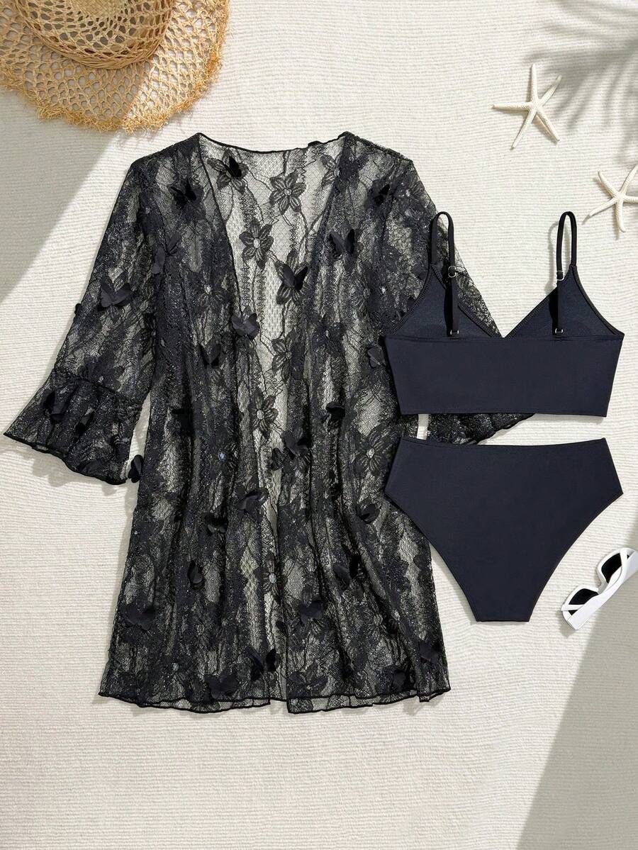 Teen Girl Summer Vacation Beach Solid Color Spaghetti Strap Bikini Set Set With Cover-Up - Black - View 1