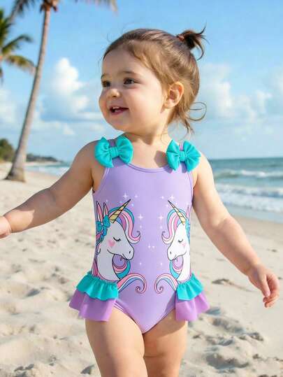 Baby Girls Beachwear Swimsuit, Cute & Conservative, Blue & Purple Cartoon Unicorn Print Knit Fabric, Bow Decor Shoulder Strap One-Piece Swimwear, Energetic, Suitable For Swimming, Summer Vacation, Beach, Pool, Holiday Party, Leisure