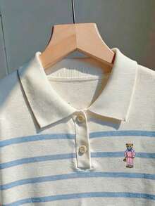 CovetEZ Áo thun nữ dệt kim kiểu dáng sinh viên, thương hiệu độc đáo, dòng sản phẩm gấu bông đang gây sốt, cổ áo polo tay ngắn cực dễ thương, phù hợp cho mùa xuân và mùa hè. - Xanh và trắng - Xem 3