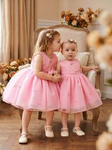 SHEIN Glamorique Kids 女婴蝴蝶结刺绣网纱连衣裙，粉色，适合生日派对、婚礼、节日、舞会等场合 - 藕粉色 - 查看 3