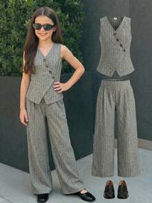 Conjunto informal de top con cuello en V y bajo asimétrico y pantalones para niñas preadolescentes - Marrón - Ver 5