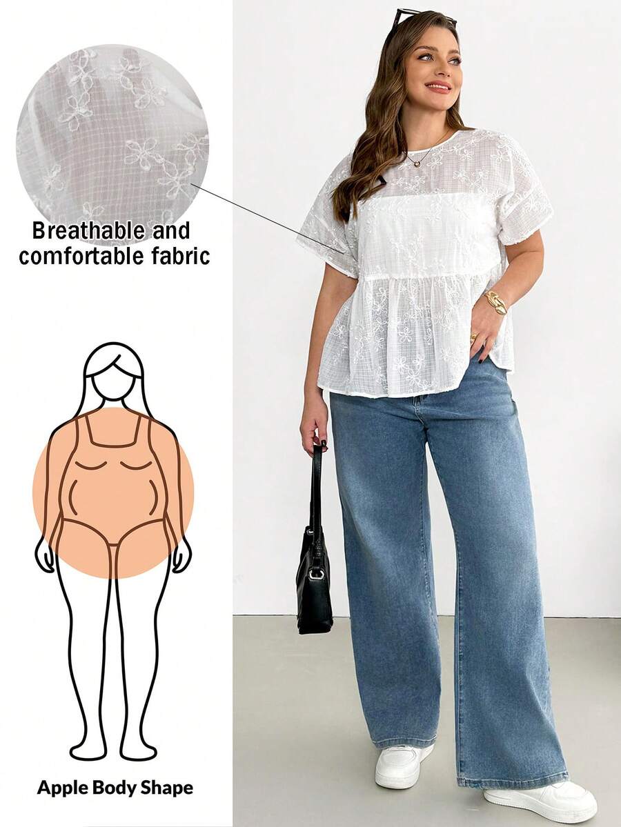 Shapeblank 大码女装春夏时尚休闲宽松舒适日常清爽透视刺绣白色短袖衬衫,夏季服装,女式衬衫,曲线可爱上衣,度假装扮 - 白色 - 查看 1
