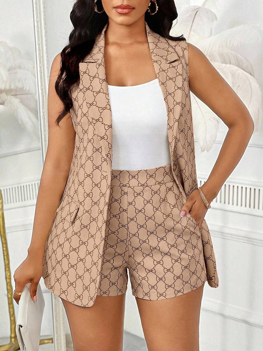 SHEIN Lady 女士蝴蝶结图案做旧领开襟无袖外套和短裤休闲两件套 - 彩色 - 查看 1