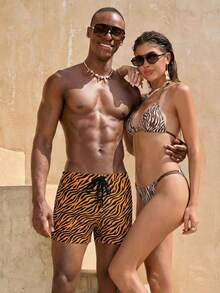 Manfinity Swimmode Men's Zebra Print Pattern Casual Swimming Trunks, Summer - Multicolor - View 1