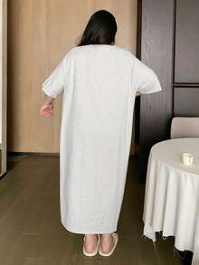 Dazy Plus Camisón de manga larga con estampado gráfico de dibujos animados, corte holgado, estilo de camiseta de cuello redondo, pijama para todas las estaciones - Gris - Ver 2