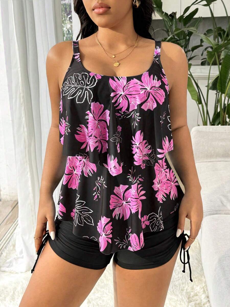 Swim Lushoire Plus Size Women 2pcs Tropical Floral Print Tankini Swimwear, Modest Ruched Skirt Swimdress, Slimming Backless Bathing Suit - Black - View 1