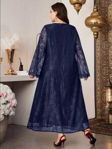 Al Najma Plus Size Women's Lace Fabric Beaded Collar Elegant Dress, Spring/Summer - Navy Blue - View 3