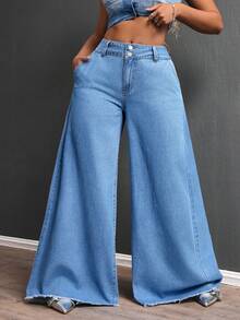 SHEIN SXY Plus Size Women Pockets Frayed Hem Loose Casual Jeans  Wide Leg Jeans Flared Jeans Jeans Y2k Oversized Jeans - Blue - View 5
