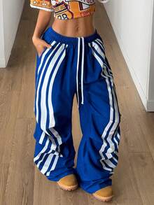 Coolane 女士抽绳腰带条纹阔腿宽松休闲裤 - 藍色 - 查看 4