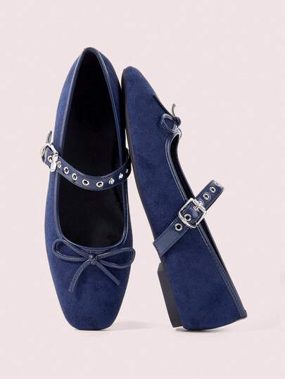 CUCCOO DOLLMOD 女士藏蓝色丝绒材质方头低帮蝴蝶结装饰优雅时尚玛丽珍生日派对平底鞋