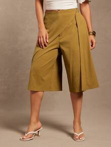 Vixey Khaki Asymmetrical Wrap Panel Bermuda Shorts - Camel - View 2