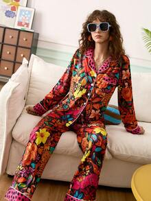 Chillnights 豹纹花卉印花翻领长袖长裤女士睡衣套装 - 玫紅色 - 查看 3