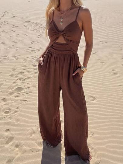 Zivah 2026 Spring/Summer New Adjustable Spaghetti Strap Jumpsuit With Front Twist, Waist Pleats, Back Lace-Up, Loose Wide Leg, Real Pockets, Brown Vertical Striped Bamboo Texture Fabric, Women Casual Vacation Jumpsuit