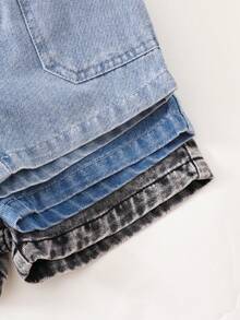 SHEIN Vintaside Kids 3件套女婴彩色牛仔短裤，夏季新品，荷叶边裤脚+松紧腰设计，穿着舒适，柔软棉质牛仔面料，多件装超值，适合夏季度假、外出、派对、日常搭配、上学等各种场合，经典牛仔短裤 - 彩色 - 查看 8