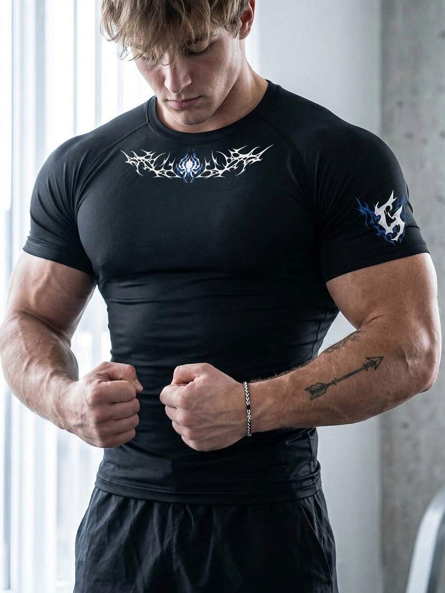 GymBeat 男士插肩袖印花修身T恤,適合休閒、健身和戶外穿著,輕量,健身房 - 黑色 - 查看 1