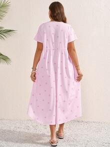 Vestido a cuadros de manga corta y cuello en V para mujer de talla, para vacaciones de verano - Rosa 2 - Ver 4