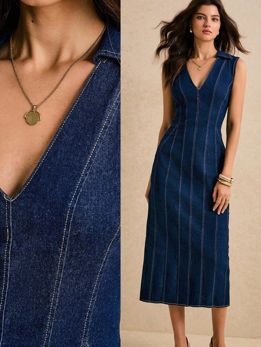 Poéselle 女款牛仔洋裝 翻領修身長版海軍藍 秋季優雅上班與夜生活穿搭 婚禮賓客 Y2K 哥德風 Old Money 時尚 夏季服飾 Homecoming 禮服 - 中等水洗藍 - 查看 1