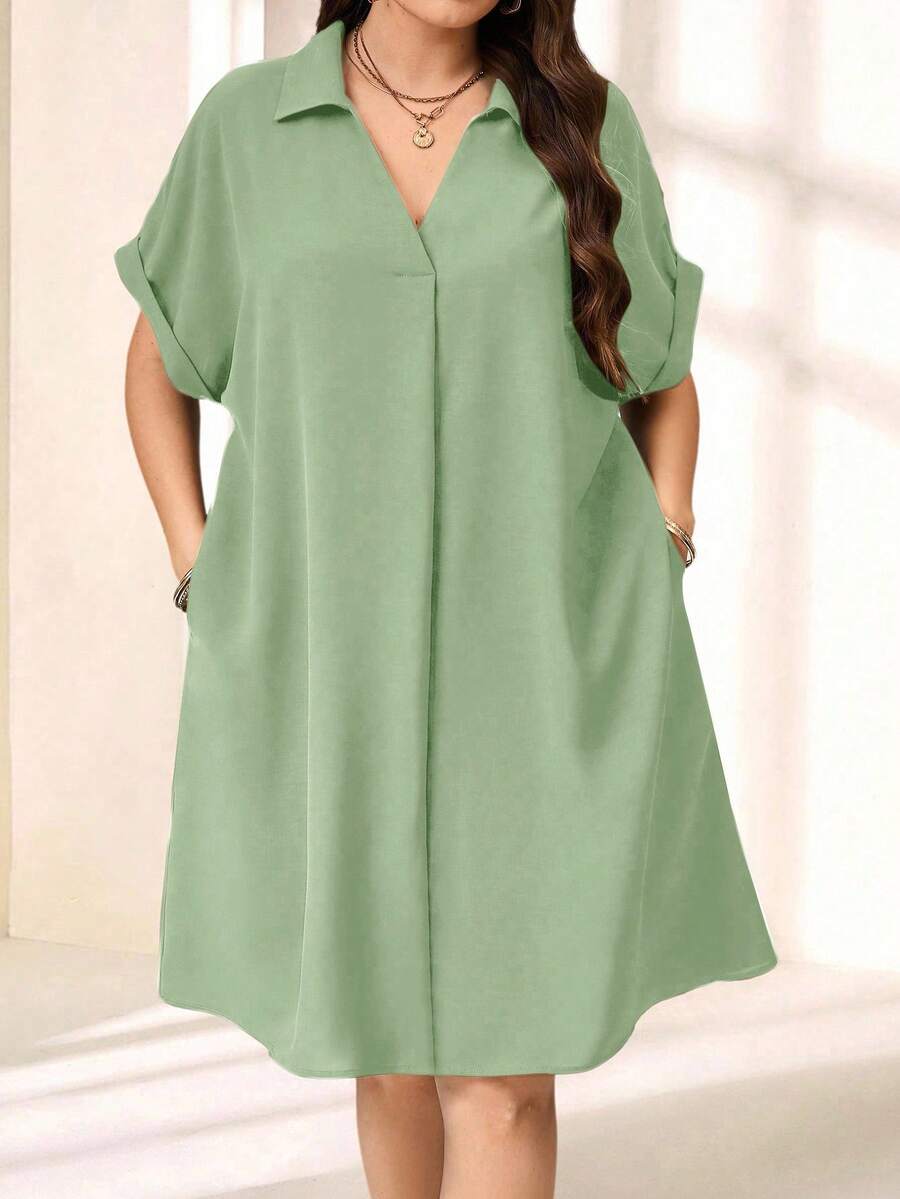 EMERY ROSE Plus Size Solid Color Collared Short Sleeve Casual Mini Dress, Minimalist Style,Summer Outfits For Women - Green - View 1