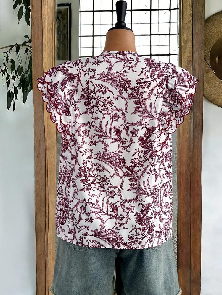 Plus Size Women Floral Print V-Neck Ruffle Sleeve Blouse Summer Outfits Summer Clothes  Spring  Spring Outfit Women Spring Clothes Country Style For Women Vacation Outfits Women  Floral Tops