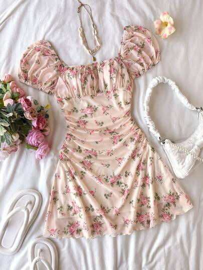SHEIN Floral Print Ruffle Casual Everyday Party Dress For Teen Girls,Kids