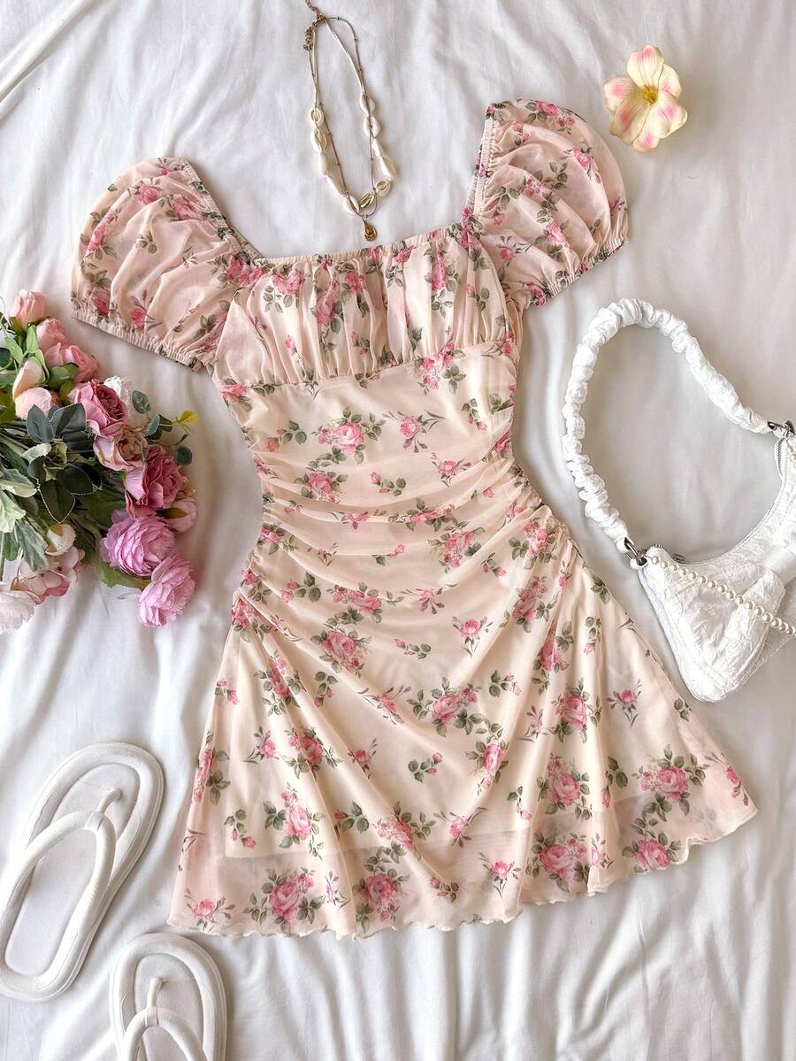 SHEIN Floral Print Ruffle Casual Everyday Party Dress For Teen Girls,Kids - Apricot - View 1