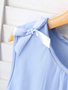 SHEIN 优雅时尚荷叶边珍珠装饰网纱女童连衣裙 - 藍色 - 查看 4