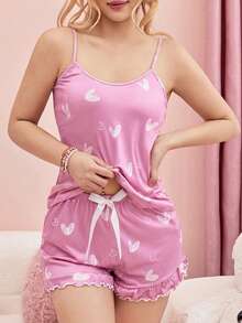 SHEIN Standard Size Heart Pattern Camisole Women Pajama Set - Multicolor - View 4