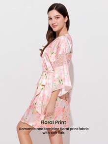 LUVLETTE Women's Summer Airy Floral Satin Robe - Lightweight Tie-Waist Sleep Dress Airy Summer Nightwear Pyjama - Pink - View 7