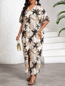 SHEIN Lady Đầm nữ cổ chữ V tay ngắn họa tiết cây cọ, thích hợp cho kỳ nghỉ. - Nhiều màu - Xem 4