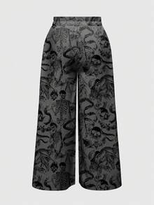 ROMWE Gothic Dark Snake Print Halloween Horror Pitiful All-Over Print Loose Wide Leg Plus Size Pants - Black - View 2