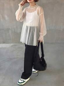 FRIFUL Áo kiểu nữ màu xám trơn, chất liệu vải lưới mỏng, dáng rộng, thoải mái, đa năng. - Màu be - Xem 3