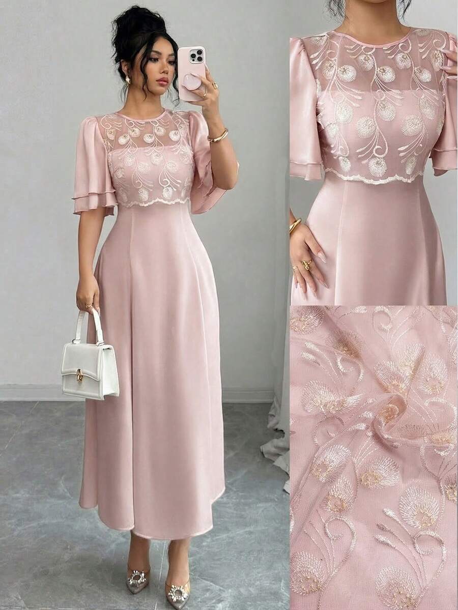 Modelyn Women's Elegant Floral Embroidered Mesh Patchwork Dress, Spring/Summer - Pink - View 1