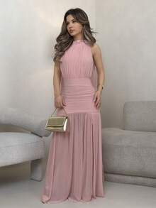 Jemour Women's Elegant Solid Color Backless Pleated Slit Dress, Summer - Pink - View 3