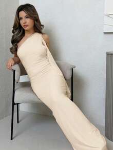 Jemour Solid Color Asymmetrical Neck Ruched Open Back Maxi Mesh Ruffled Edge Women Elegant Dress, Vacation Beach Dress, Spring/Summer,Fall Wedding Guest Dress - Apricot - View 4