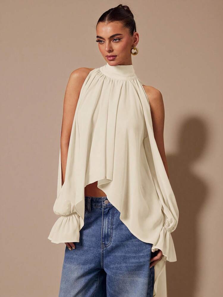 SHEIN BAE Áo kiểu dài tay màu hồng củ sen thanh lịch, cổ yếm, hở lưng, thắt eo, chất liệu chiffon xếp ly vạt trước ngắn vạt sau, thích hợp cho các dịp trang trọng, mùa xuân/hè/thu. - Màu be - Xem 4