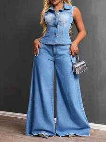 SHEIN SXY Plus Size Women Pockets Frayed Hem Loose Casual Jeans  Wide Leg Jeans Flared Jeans Jeans Y2k Oversized Jeans - Blue - View 2