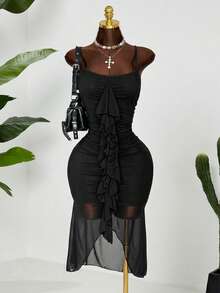 Sunspun Vestido justo sem mangas com detalhes franzidos, tamanho grande - Preto - Ver 1