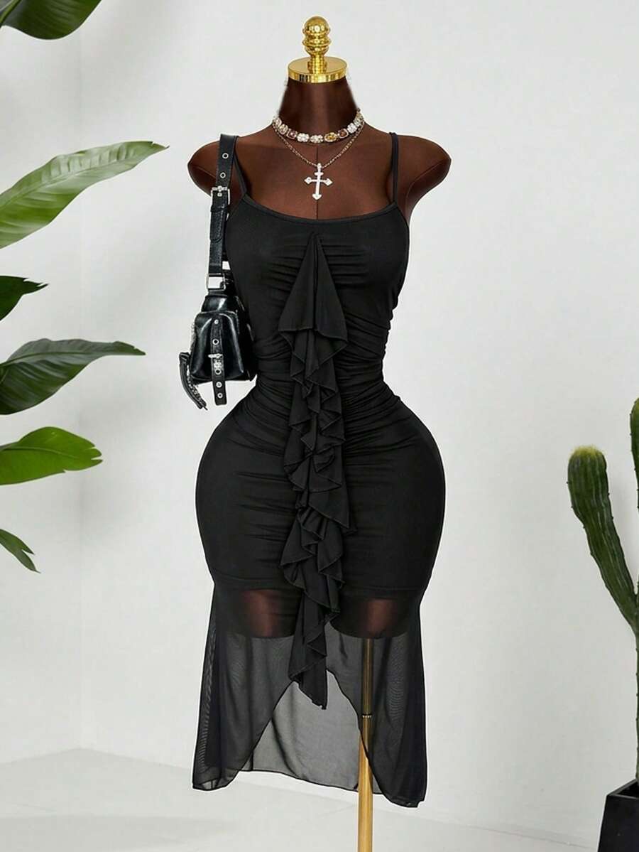 Sunspun Vestido justo sem mangas com detalhes franzidos, tamanho grande - Preto - Ver 1