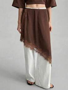 Ontre Chân váy nữ bất đối xứng, vạt xòe, phối ren tương phản, thắt eo bên hông. - màu nâu - Xem 5