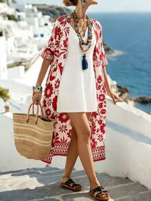 Breezaya 2026 Spring/Summer Vacation Style Casual Fusion Tropical Vibe Loose Fit Design, Featuring Relaxed Unstructured Silhouette, Floral & Retro Print Elements, Cardigan, V-Neck Fitted Dress, 2pcs Set In Red/White, 2pcs Set In Water Retro Print - Red and White - View 4