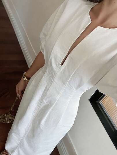 Strévra Women's Waist-Cinched V-Neck Slit Short Sleeve Elegant Fitted Business Commute Mid-Length Dress