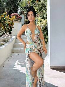 Vassilux Slit Fitted & Elegant Floral Leopard Print Vacation Dress With Beading, Suitable For Beach Vacation, Vacation Maxi Dress, Beach Dress, Backless Dress, Spring/Summer Party - Mint Green - View 3