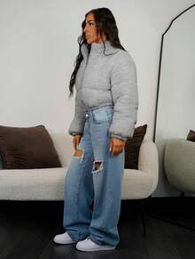 SAYEHFBABY 秋冬女士休闲浅灰色仿羊毛短款夹棉大衣 - 淺灰色 - 查看 4