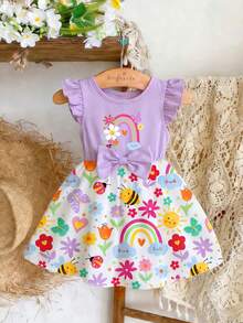 SHEIN Playful Pals 1件女童婴儿/幼儿（6个月-2-3岁）活泼俏皮的彩虹昆虫和花朵印花公主裙，饰有蝴蝶结，飘逸的荷叶袖，轻盈亮丽，适合日常穿着、上学、生日派对、野餐、儿童节、春夏秋季等场合。 - 彩色 - 查看 3