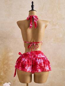 Bellisia 女士夏季沙滩扎染露背性感比基尼套装，含罩衫和裙子 - 彩色 - 查看 5