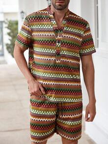 Manfinity Homme Men's Striped Button Half-Placket Short Sleeve Shirt And Shorts Casual Suit - Multicolor - View 5