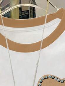 少女圆领撞色滚边水钻和仿珍珠爱心图案短袖T恤，适合夏季日常穿着、返校季、姐妹装、度假等场合。 - 彩色 - 查看 3