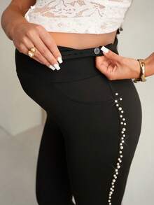 MaterniChic Beaded Maternity Solid Color Adjustable Waist Leggings Baby Shower Spring Elegant - Black - View 7